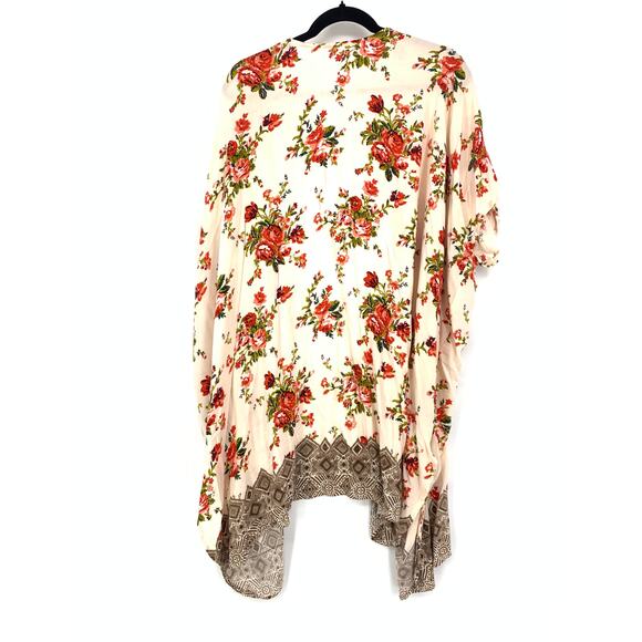 Unbranded Women's Size Medium Floral Lace Trimmed Kimono Cream Red - Picture 2 of 5